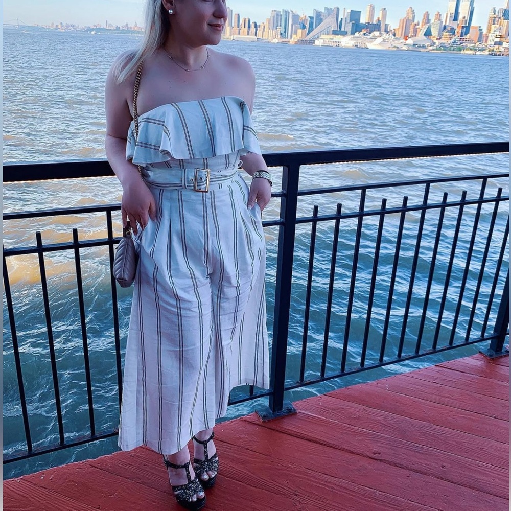 Fashion Nova White and Black Striped Off-Shoulder Belted Jumpsuit